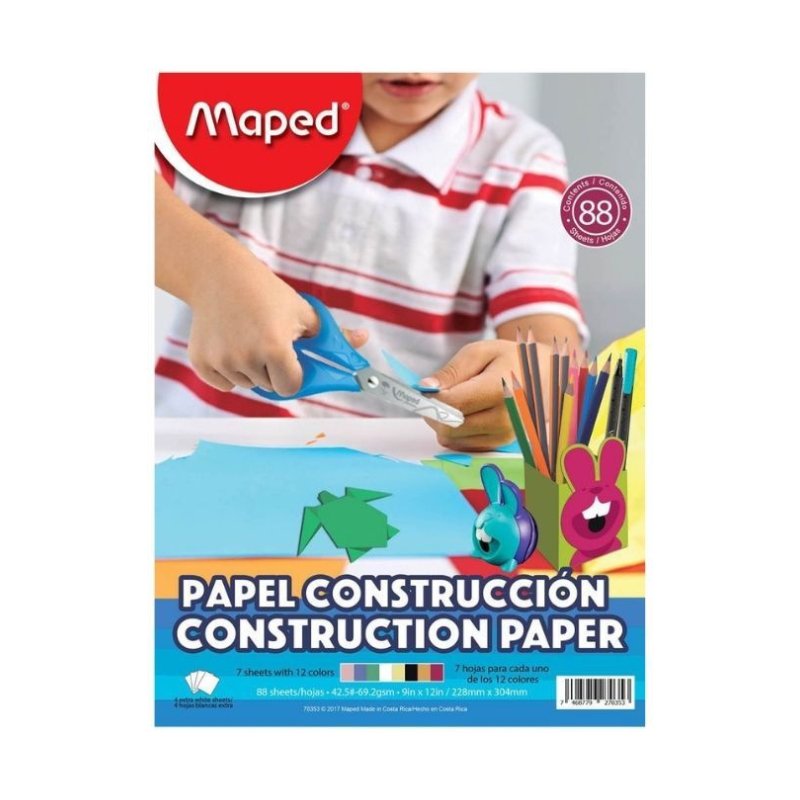 Paquete de 88 hojas de Papel de Construcción Maped en colores surtidos, tamaño 9" x 12".