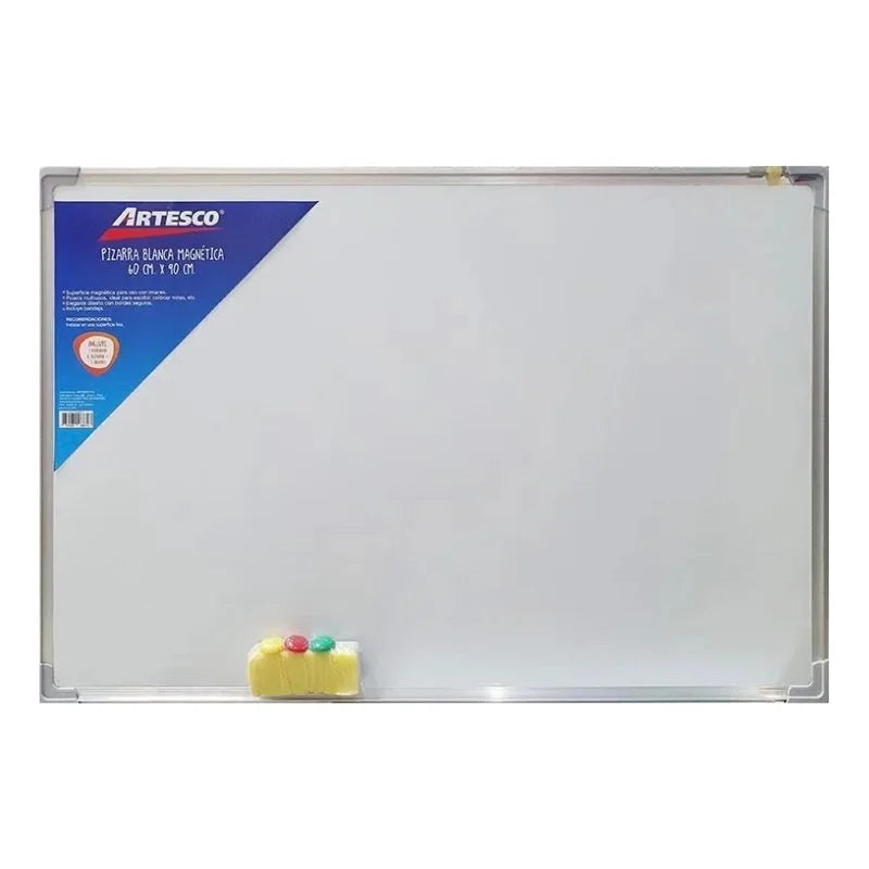Pizarra blanca magnética Artesco, tamaño 60 x 90 cm, con marco de aluminio resistente, ideal para oficina, hogar y aulas. Disponible en Officemate.