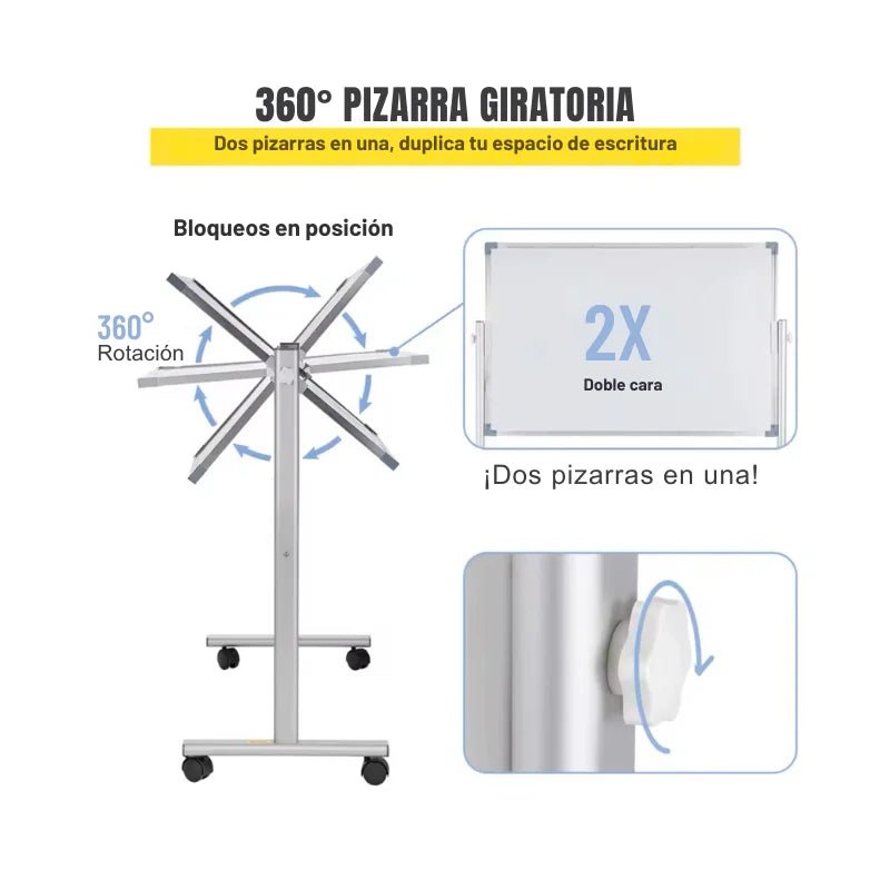 Pizarra blanca móvil de doble cara 36x24 pulgadas VEVOR con base rodante y altura ajustable. Disponible en Officemate.