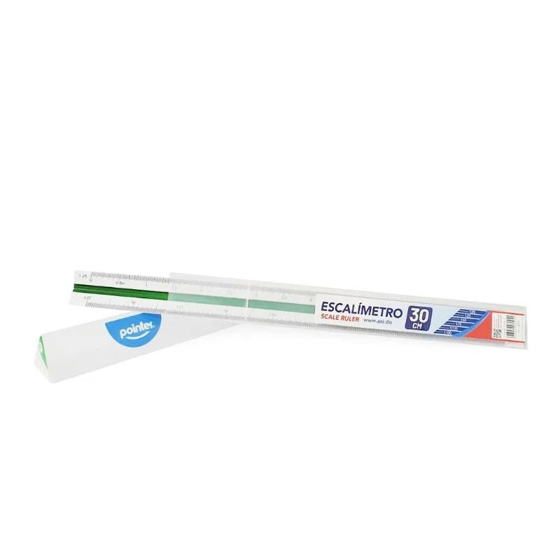 Regla escalímetro de 30 cm Pointer con diseño triangular y múltiples escalas para mediciones precisas. Disponible en Officemate.