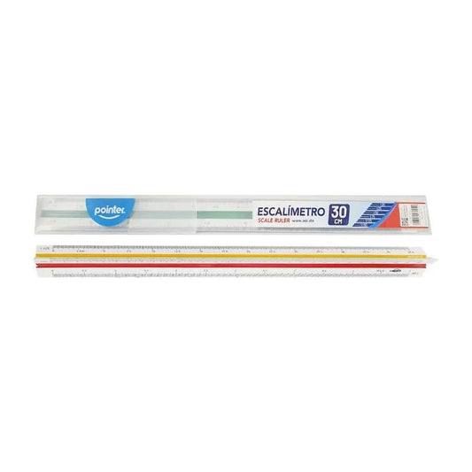 Regla escalímetro de 30 cm Pointer con diseño triangular y múltiples escalas para mediciones precisas. Disponible en Officemate.
