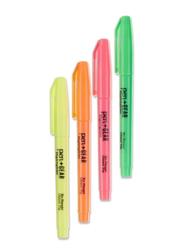 Resaltadores de bolsillo Pen+Gear con punta de cincel en colores fluorescentes, paquete de 4 unidades. Officemate