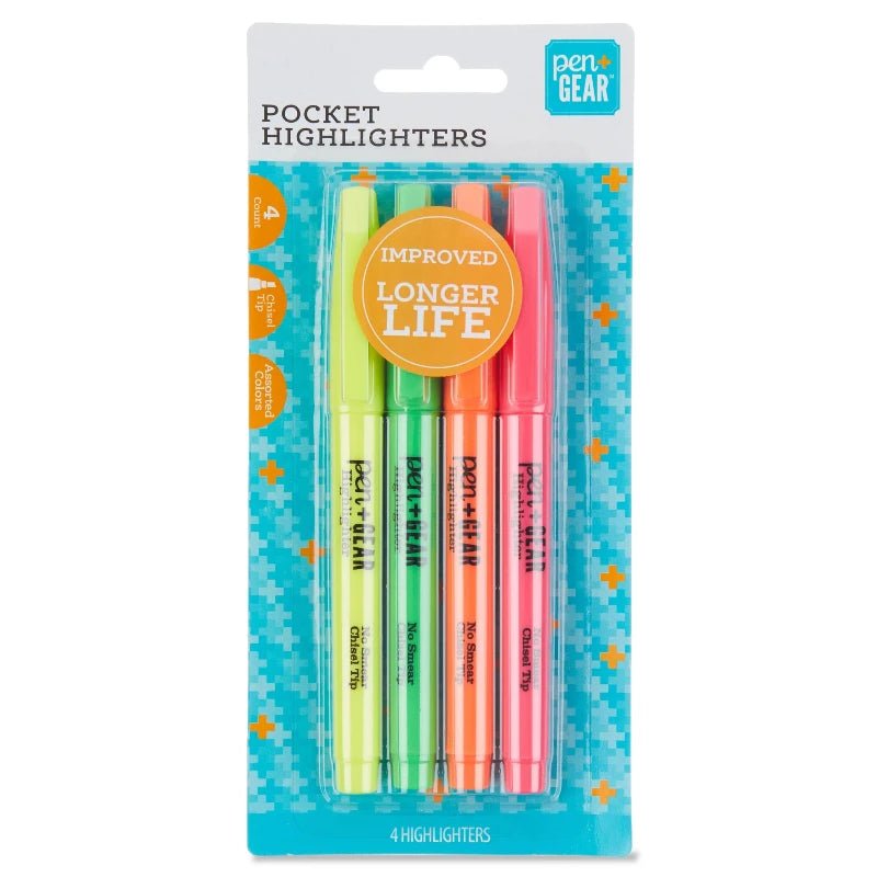 Resaltadores de bolsillo Pen+Gear con punta de cincel en colores fluorescentes, paquete de 4 unidades. Officemate