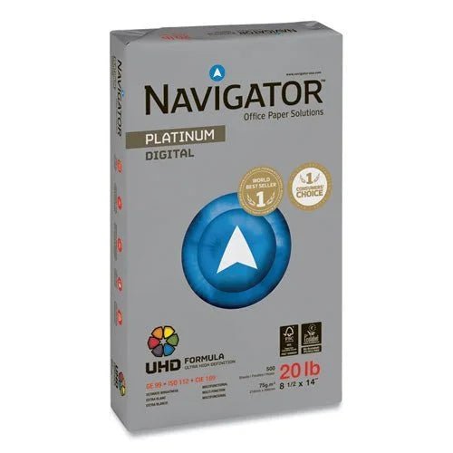 Resma de papel blanco bond Navigator Platinum 8.5 x 14 pulgadas, ideal para impresiones de alta calidad. Officemate