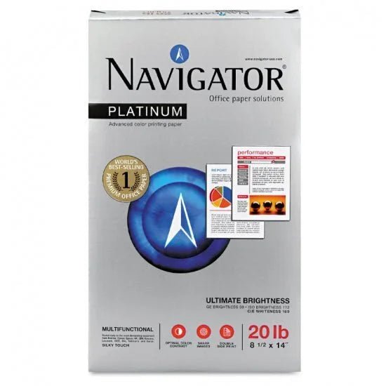 Resma de papel blanco bond Navigator Platinum 8.5 x 14 pulgadas, ideal para impresiones de alta calidad. Officemate
