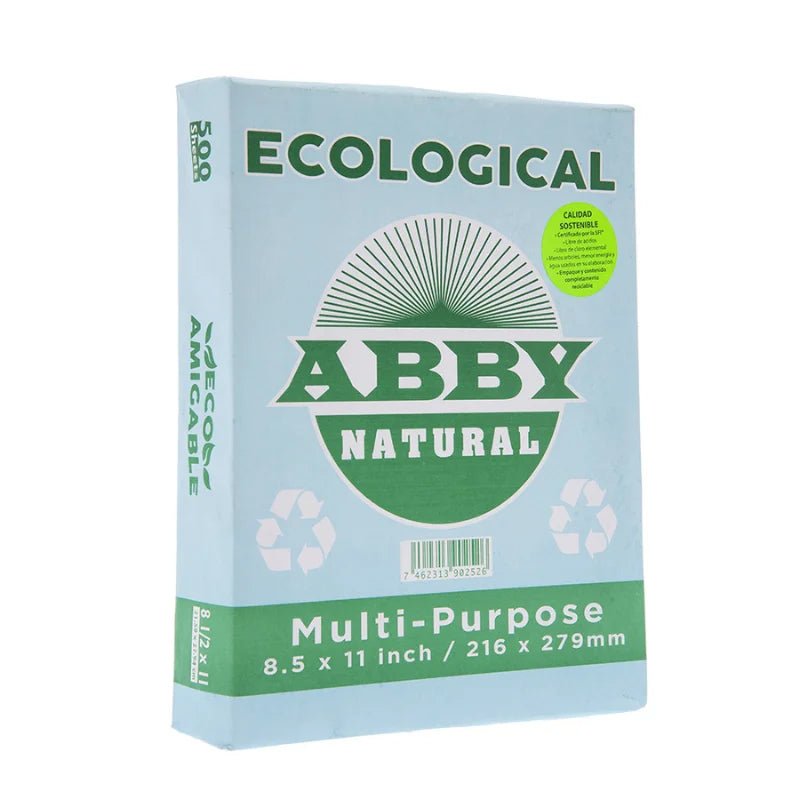 Resma de Papel Bond Ecológico Abby 8.5" x 11" con 500 hojas, ideal para impresión y escritura. Disponible en Officemate.