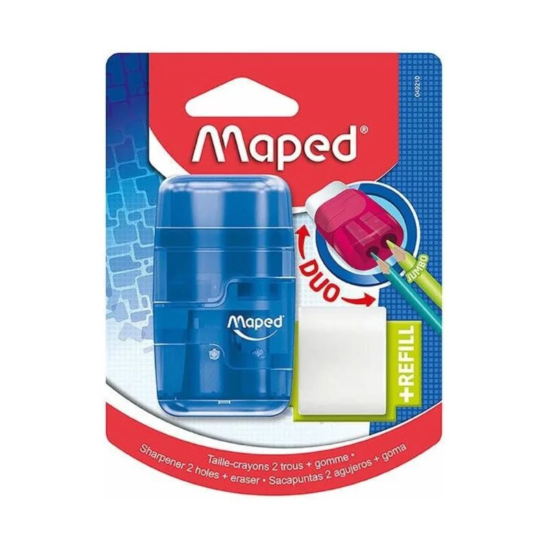 Sacapuntas azul Maped con dos orificios, goma integrada y refill adicional. Officemate