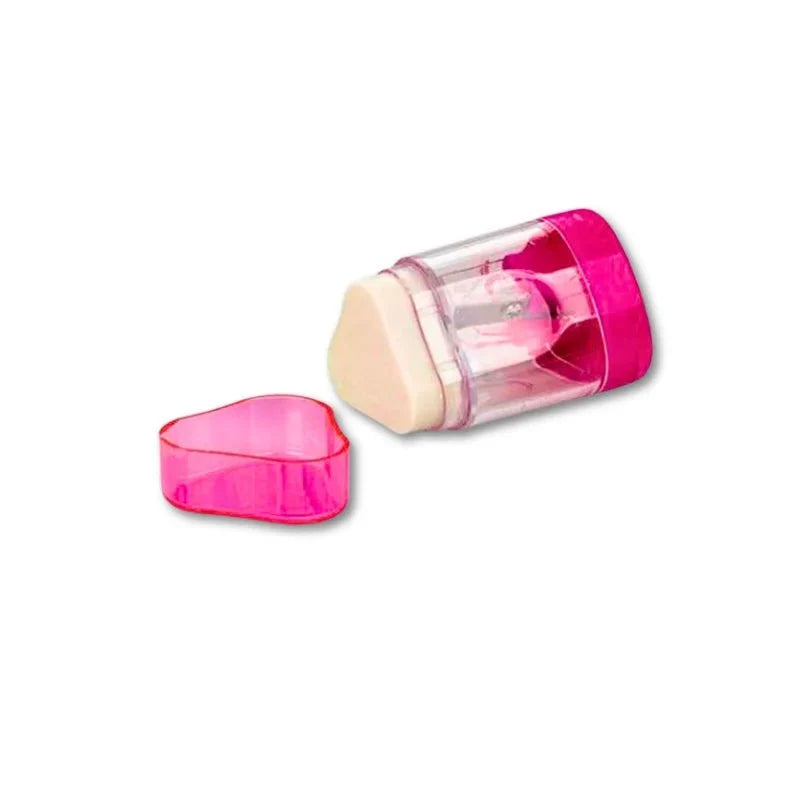 Sacapuntas con borrador Pointer rosado con la tapa del borrador retirada a un lado