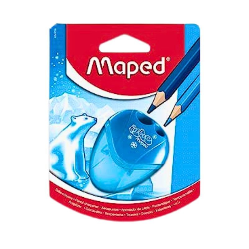Sacapuntas doble con contenedor en color azul, ideal para lápices estándar y gruesos, de la marca Maped. Officemate