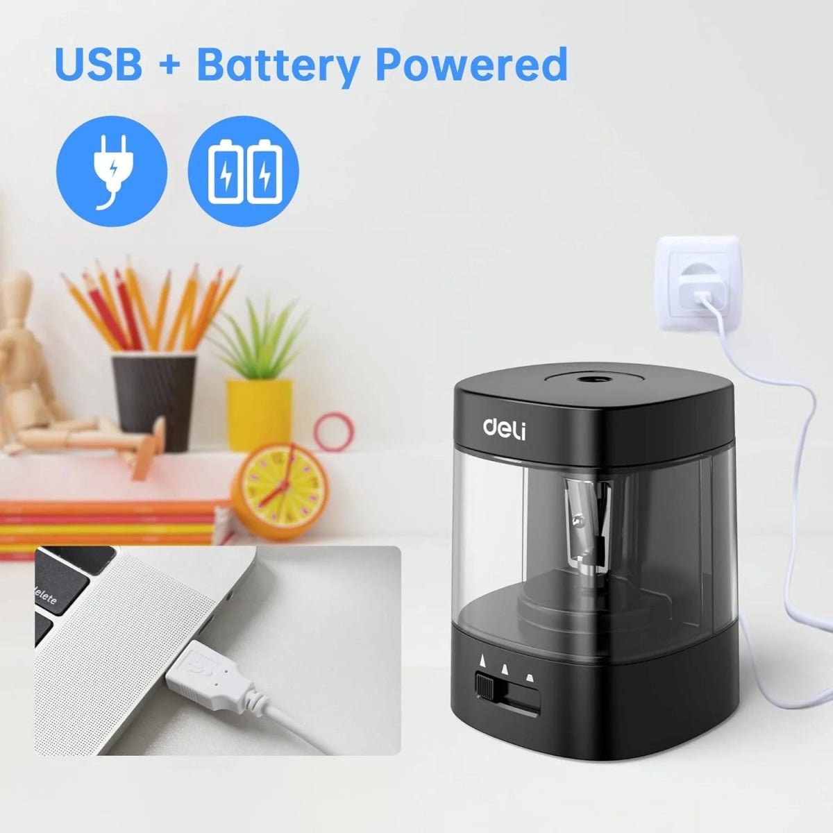 Sacapuntas eléctrico Deli con alimentación USB y a baterías, diseño moderno y eficiente, ideal para oficina y hogar. Disponible en Officemate.