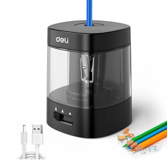 Sacapuntas eléctrico Deli con alimentación USB y a baterías, diseño moderno y eficiente, ideal para oficina y hogar. Disponible en Officemate.