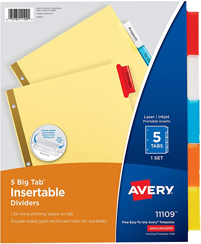Compra Separadores de carpeta de 5 pestañas grandes multicolor, 1 juego (11109), Avery por solo DOP62.13 en Officemate!