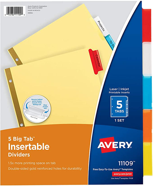 Compra Separadores de carpeta de 5 pestañas grandes multicolor, 1 juego (11109), Avery por solo DOP62.13 en Officemate!