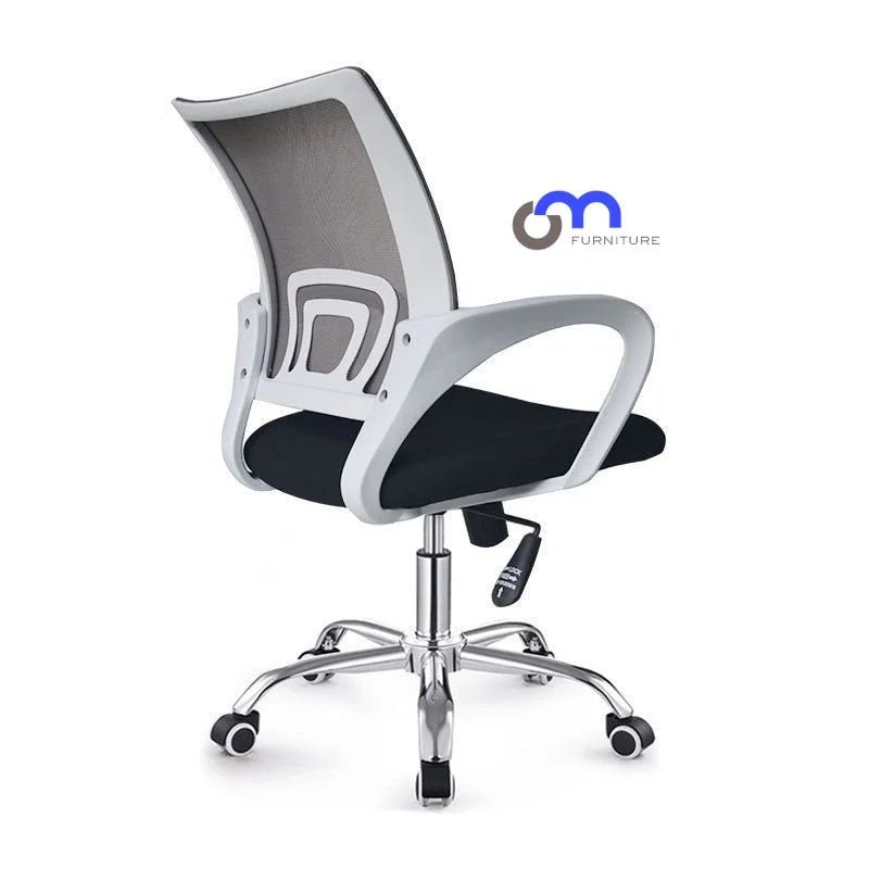 Silla secretarial Jade blanca con respaldo ergonómico en S, base cromada y ruedas, ajustable