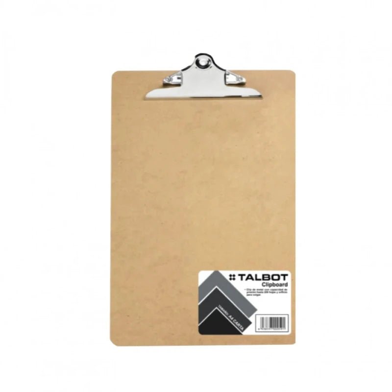 Tabla archivadora con clip Talbot, tamaño 9” x 12.5”, fabricada en cartón rígido con clip metálico resistente. Disponible en Officemate.