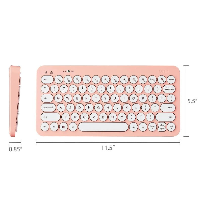 Teclado inalámbrico ONN rosado con medidas de 11.5 x 5.5 x 0.85 pulgadas, frente y perfil