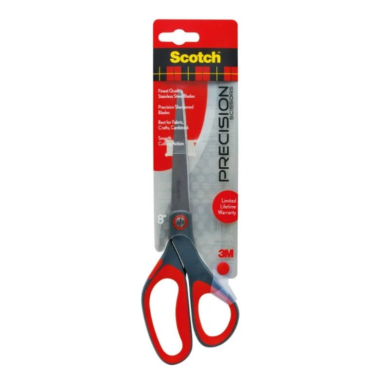 Tijera de precisión multiusos Scotch de 8 pulgadas, con hojas de acero inoxidable y mango ergonómico. Ideal para hogar y oficina. Disponible en Officemate.
