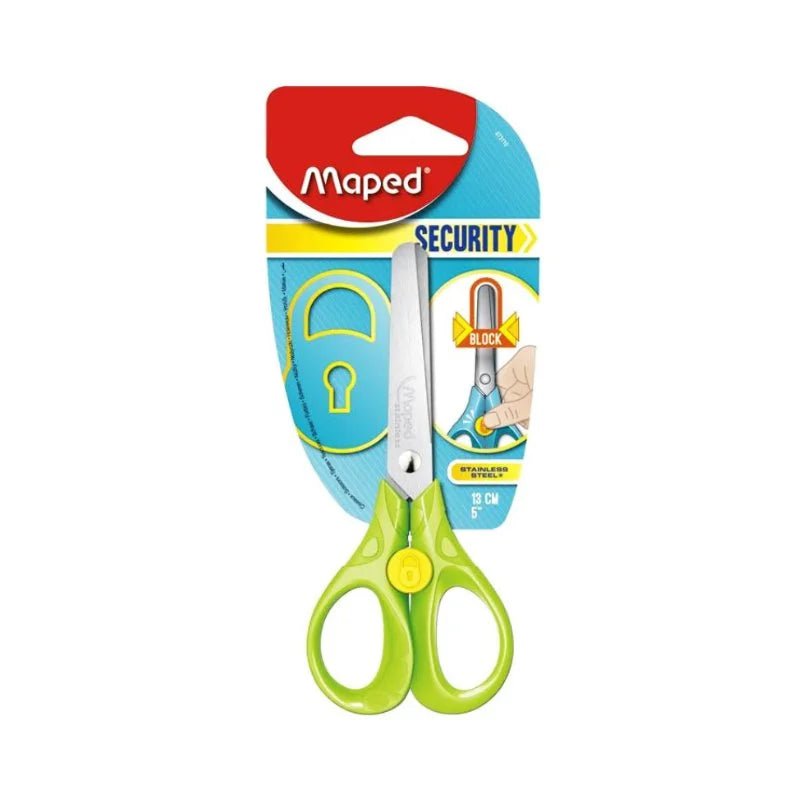 Tijera escolar Maped de 5” con bloqueo de seguridad y hojas redondeadas, ideal para niños. Disponible en Officemate.