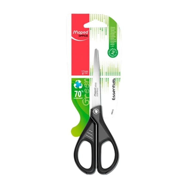 Tijera Essentials Green Maped de 17 cm, ideal para uso diario y sostenible. Disponible en Officemate.
