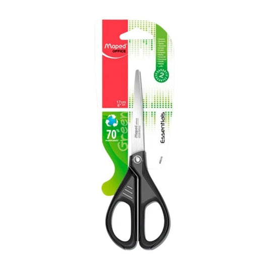 Tijera Essentials Green Maped de 17 cm, ideal para uso diario y sostenible. Disponible en Officemate.