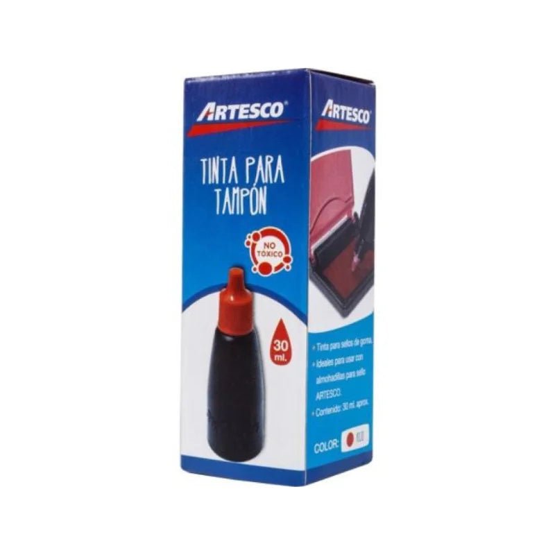 Frasco de tinta roja de 30 ml marca Artesco, ideal para almohadillas y sellos de goma. Disponible en Officemate.