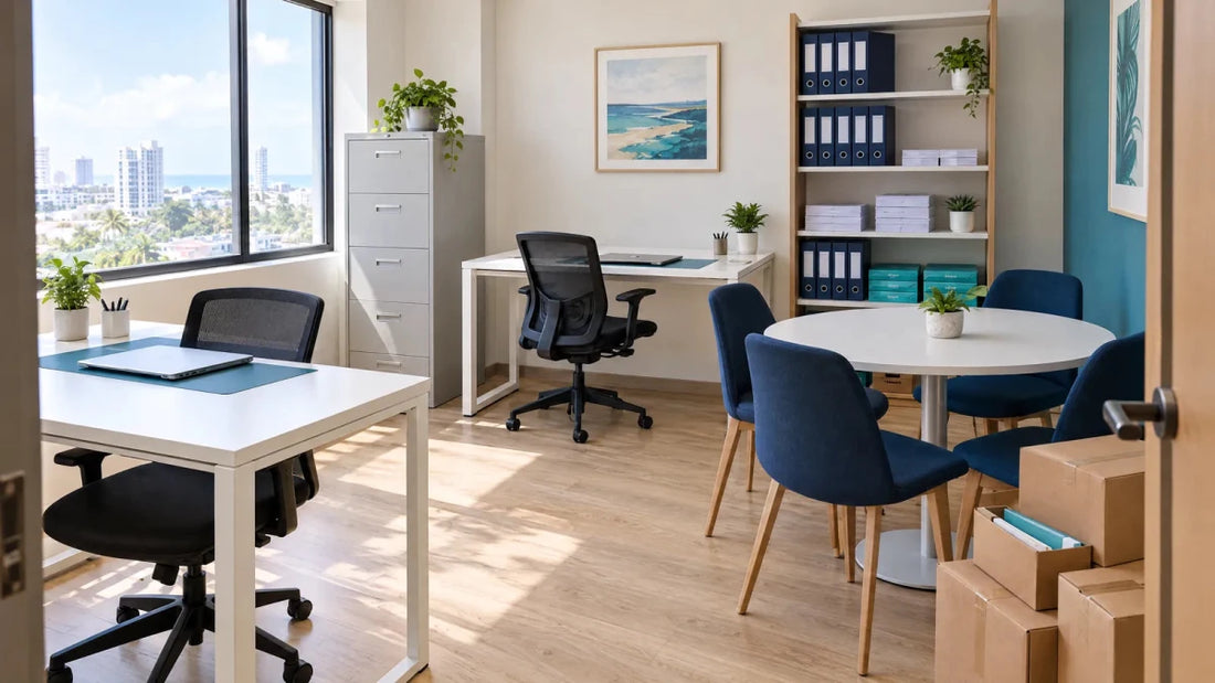 Oficina nueva equipada con escritorios, sillas ergonómicas, archivo metálico, estantería con carpetas y mesa de reuniones