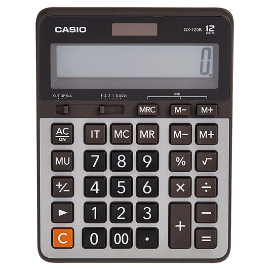 ¡Optimiza tu trabajo con la Calculadora de Mesa GX-120B Solar+Pila de Casio! Pantalla grande de 12 dígitos, alimentación solar y de respaldo, funciones comerciales y un teclado resistente para un rendimiento impecable. ¡Haz tus cálculos de manera eficiente y precisa!