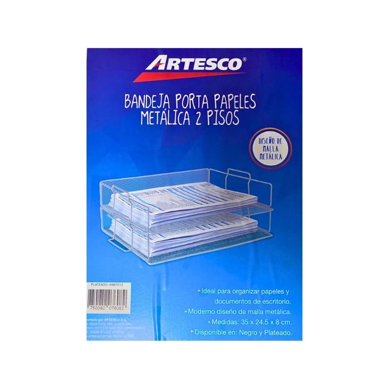 Bandeja portapapeles metálica dos niveles plateada de Artesco, ideal para organizar documentos.