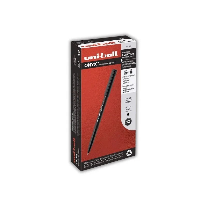 Pack de 12 bolígrafos Uni-ball ONYX Micro 0.5 mm, tinta negra, escritura precisa y fluida. Officemate