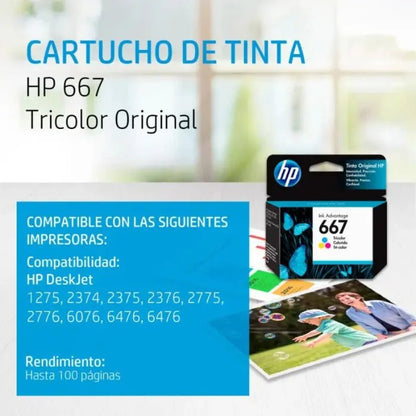 Cartucho de tinta HP 667 tricolor original 3YM78AL Ink Advantage para impresoras HP compatibles - Officemate