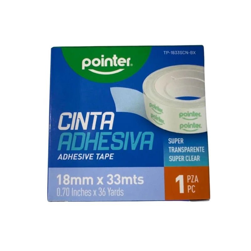 Cinta adhesiva transparente Pointer 18mm x 33mts, rollo de vista frontal. Disponible en Officemate República Dominicana.