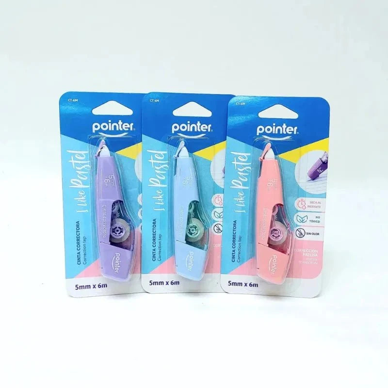 Cintas correctoras Pointer I Like Pastel 5 mm x 6 m en blíster: azul pastel junto a las versiones lila y rosa