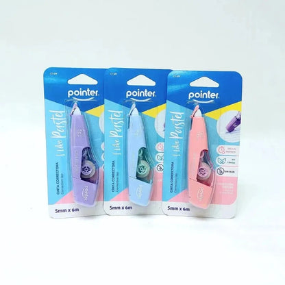 Cintas correctoras Pointer I Like Pastel 5 mm x 6 m en blíster: azul pastel junto a las versiones lila y rosa