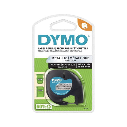 Cintas para rotuladora LetraTag 1/2" color plata de Dymo, ideales para etiquetas duraderas y elegantes.
