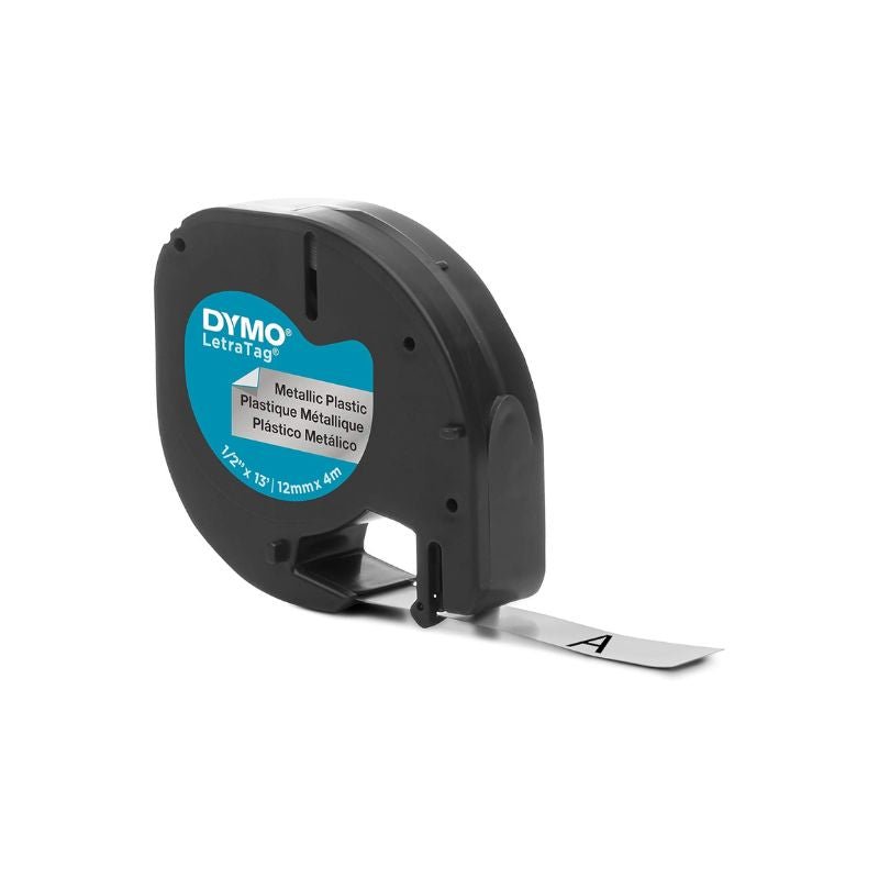 Cintas para rotuladora LetraTag 1/2" color plata de Dymo, ideales para etiquetas duraderas y elegantes.