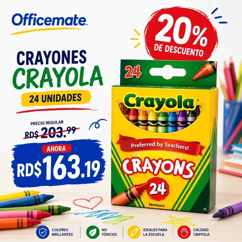 Crayones de colores clásicos Crayola, 24 unidades, vista de los crayones. Disponible en Officemate República Dominicana.