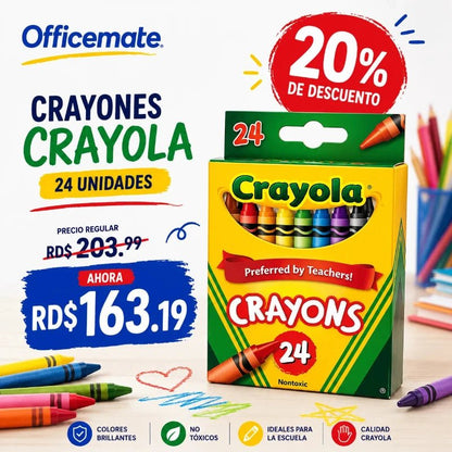 Crayones de colores clásicos Crayola, 24 unidades, vista de los crayones. Disponible en Officemate República Dominicana.