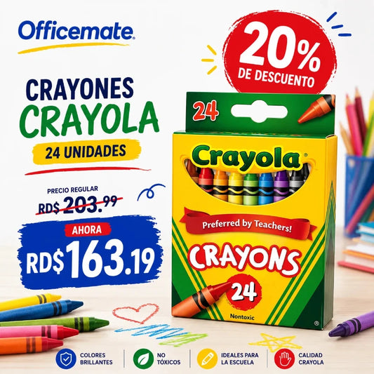 Crayones de colores clásicos Crayola, 24 unidades, vista de los crayones. Disponible en Officemate República Dominicana.