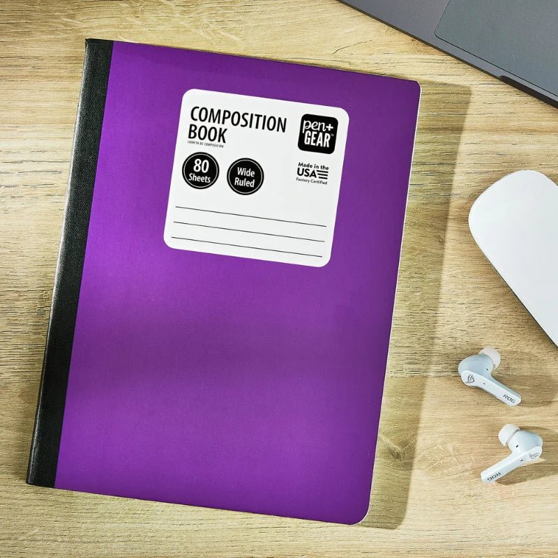Cuaderno de composición morado Pen+Gear de 160 páginas wide ruled con lomo negro, ideal para clases, Officemate
