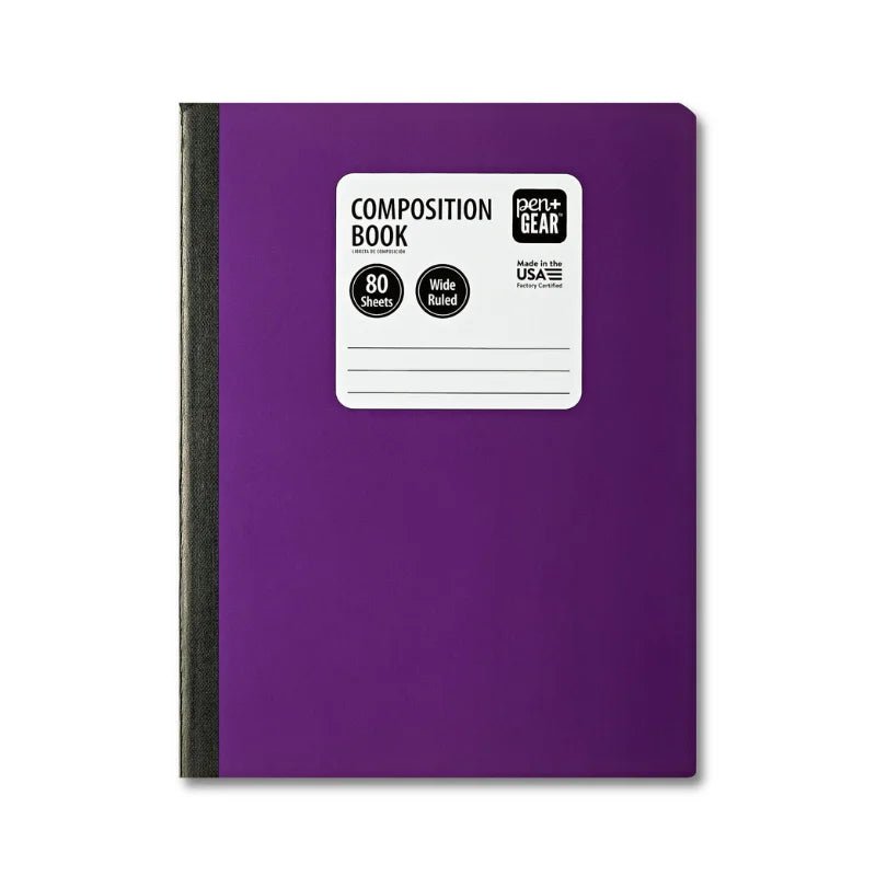 Cuaderno de composición morado Pen+Gear de 160 páginas wide ruled con lomo negro, ideal para clases, Officemate