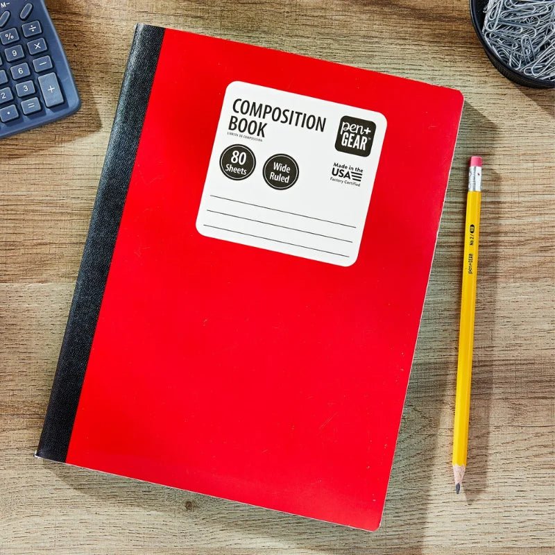 Cuaderno de composición rojo Pen+Gear 160 páginas wide ruled con lomo negro para clases Officemate
