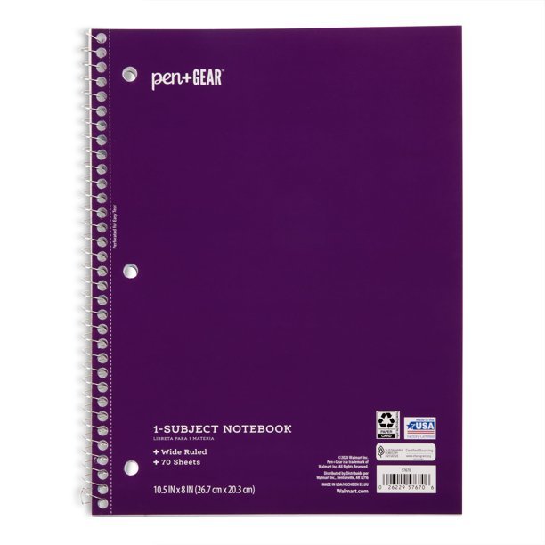 Pen+Gear Cuaderno espiral de 1 tema, con lineas anchas, 70 páginas:    *) Mantenga todas sus notas, ideas, garabatos y registros en un solo lugar     Ideal para uso en la escuela, el hogar y la oficina.  *) Contiene 70 páginas con lineas anchas.  *) Bordes microperforados para rasgar fácilmente  *) Disponible en una variedad de colores  *) Combínalo con otros elementos esenciales de la escuela Pen+Gear como            carpetas, cuadernos de composición, resaltadores y más.  *) Dimensiones: 8" x 10.5"