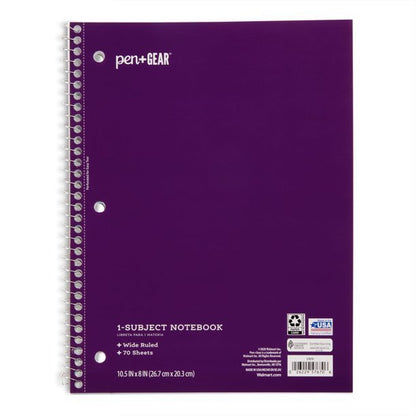 Pen+Gear Cuaderno espiral de 1 tema, con lineas anchas, 70 páginas:    *) Mantenga todas sus notas, ideas, garabatos y registros en un solo lugar     Ideal para uso en la escuela, el hogar y la oficina.  *) Contiene 70 páginas con lineas anchas.  *) Bordes microperforados para rasgar fácilmente  *) Disponible en una variedad de colores  *) Combínalo con otros elementos esenciales de la escuela Pen+Gear como            carpetas, cuadernos de composición, resaltadores y más.  *) Dimensiones: 8" x 10.5"