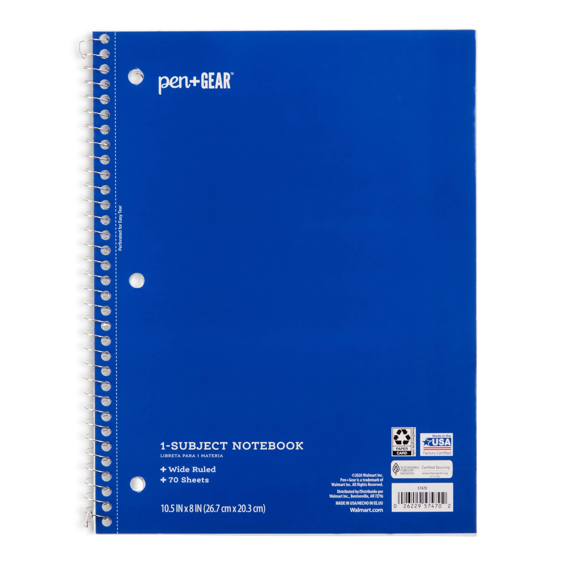 Pen+Gear Cuaderno espiral de 1 tema, con lineas anchas, 70 páginas:    *) Mantenga todas sus notas, ideas, garabatos y registros en un solo lugar     Ideal para uso en la escuela, el hogar y la oficina.  *) Contiene 70 páginas con lineas anchas.  *) Bordes microperforados para rasgar fácilmente  *) Disponible en una variedad de colores  *) Combínalo con otros elementos esenciales de la escuela Pen+Gear como            carpetas, cuadernos de composición, resaltadores y más.  *) Dimensiones: 8" x 10.5"