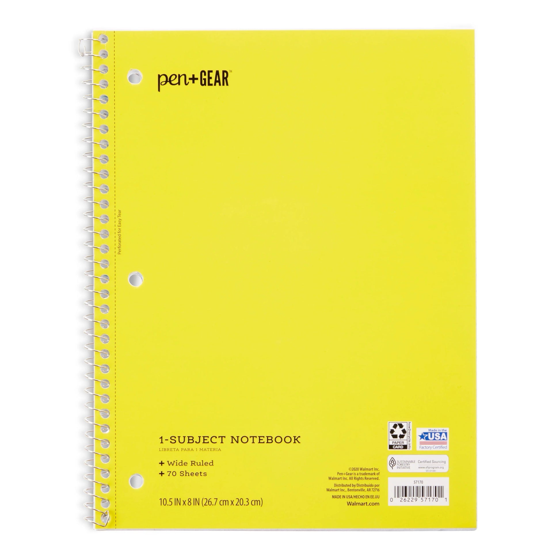 Pen+Gear Cuaderno espiral de 1 tema, con lineas anchas, 70 páginas:    *) Mantenga todas sus notas, ideas, garabatos y registros en un solo lugar     Ideal para uso en la escuela, el hogar y la oficina.  *) Contiene 70 páginas con lineas anchas.  *) Bordes microperforados para rasgar fácilmente  *) Disponible en una variedad de colores  *) Combínalo con otros elementos esenciales de la escuela Pen+Gear como            carpetas, cuadernos de composición, resaltadores y más.  *) Dimensiones: 8" x 10.5"