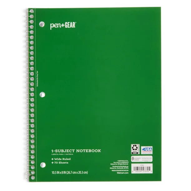 Pen+Gear Cuaderno espiral de 1 tema, con lineas anchas, 70 páginas:    *) Mantenga todas sus notas, ideas, garabatos y registros en un solo lugar     Ideal para uso en la escuela, el hogar y la oficina.  *) Contiene 70 páginas con lineas anchas.  *) Bordes microperforados para rasgar fácilmente  *) Disponible en una variedad de colores  *) Combínalo con otros elementos esenciales de la escuela Pen+Gear como            carpetas, cuadernos de composición, resaltadores y más.  *) Dimensiones: 8" x 10.5"