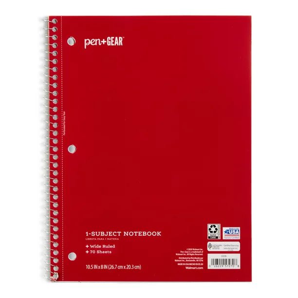 Pen+Gear Cuaderno espiral de 1 tema, con lineas anchas, 70 páginas:    *) Mantenga todas sus notas, ideas, garabatos y registros en un solo lugar     Ideal para uso en la escuela, el hogar y la oficina.  *) Contiene 70 páginas con lineas anchas.  *) Bordes microperforados para rasgar fácilmente  *) Disponible en una variedad de colores  *) Combínalo con otros elementos esenciales de la escuela Pen+Gear como            carpetas, cuadernos de composición, resaltadores y más.  *) Dimensiones: 8" x 10.5"