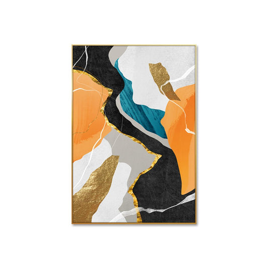 Este cuadro de arte abstracto presenta formas irregulares y líneas onduladas en colores predominantes de naranja, negro, blanco, dorado y un toque de azul. Las líneas doradas parecen representar grietas o vetas, añadiendo un efecto elegante al diseño. Este cuadro sería una adición estética ideal para cualquier oficina, aportando un toque de sofisticación y creatividad al espacio. Su diseño moderno y colorido puede inspirar pensamientos innovadores y promover un ambiente de trabajo positivo.