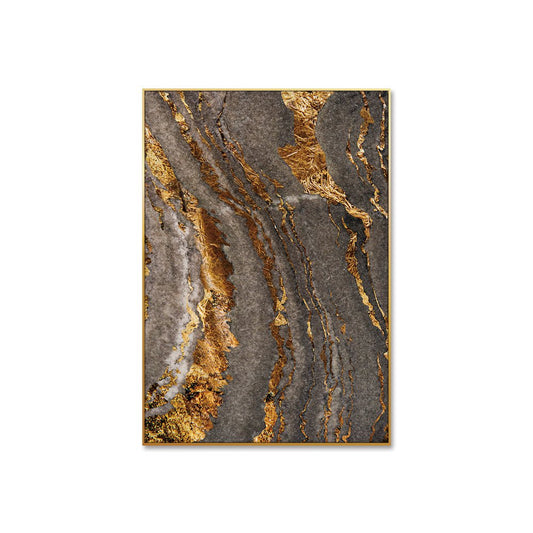 Este es un cuadro abstracto con vetas doradas y grises que se entrelazan, creando un diseño elegante y moderno. Las líneas doradas irregulares añaden profundidad y textura, mientras que el fondo gris varía en tonalidad. El marco de color oro complementa las vetas doradas en el arte interior. Este cuadro sería una adición estética ideal para cualquier oficina, aportando sofisticación y fomentando un ambiente de trabajo positivo e inspirador.  Dimensión: 30'' x 40''
