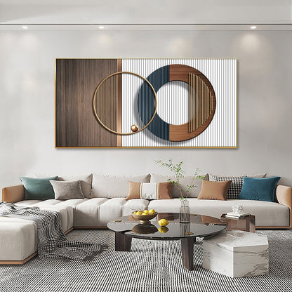 Este cuadro de arte abstracto y moderno, con su combinación de texturas de madera y metal, aportará un toque de sofisticación a tu oficina. Su diseño, que incluye un anillo dorado y una esfera de color bronce, junto con las rayas verticales de colores contrastantes, inspirará innovación y pensamiento creativo. ¡Un arte que combina funcionalidad y estilo!  Dimension: &nbsp;25'' x 50''